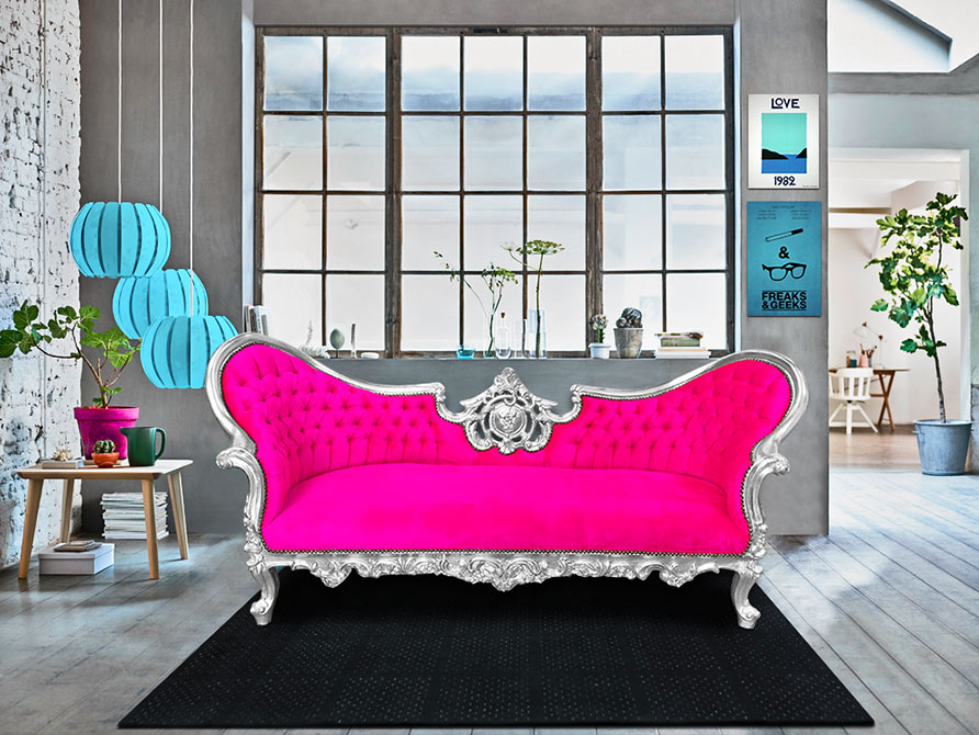 Colored furniture with a baroque Napoleon III style sofa Royal Art Palace pink fuchsia color